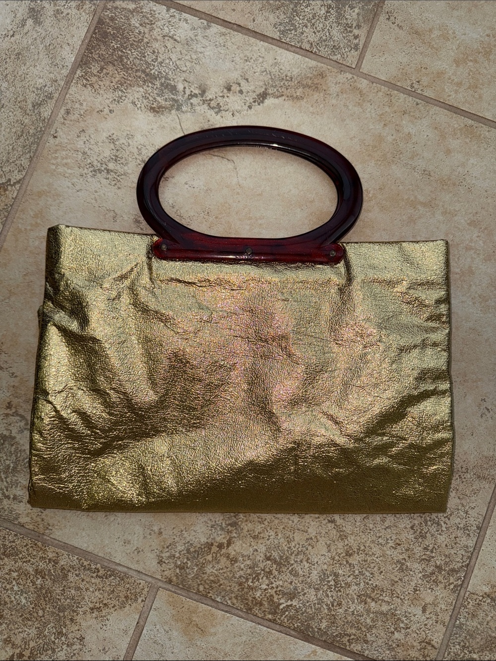 Vintage late 1960’s Gold Metallic (lame) purse with lucite tortoiseshell Handles